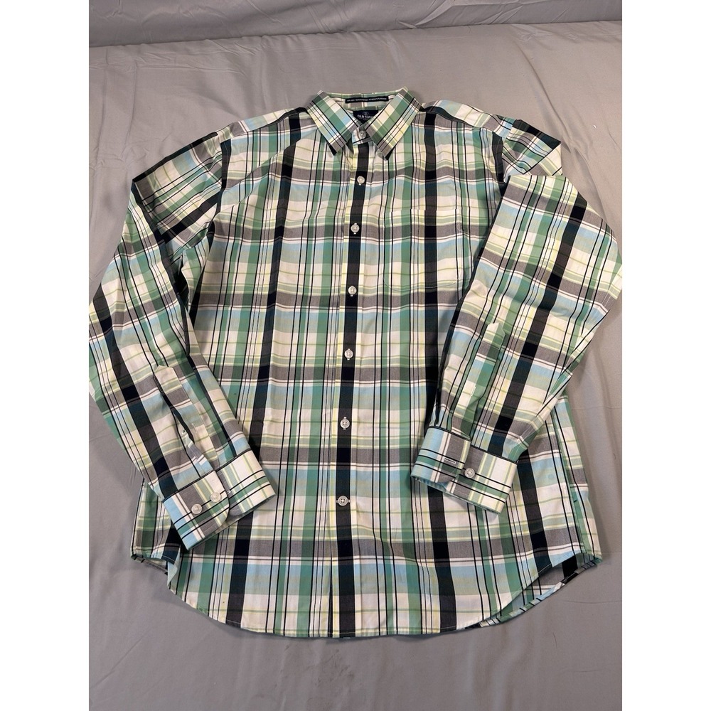 old navy slim fit plaid button down shirt mens large green blue